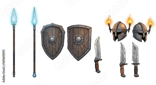 Medieval weaponry and gear illustration, including spears, shields, helmets and knives