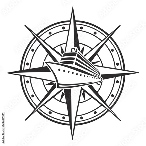 Cruise ship heading toward destination with compass rose, designed for travel, marine navigation, and exploration across open waters in monochrome style