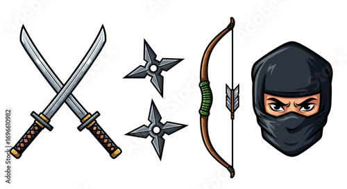 Ninja Weaponry: Swords, Shurikens, Bow and Arrow, Masked Face