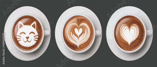 Three cups of coffee with latte art including a cat and heart designs on top view
