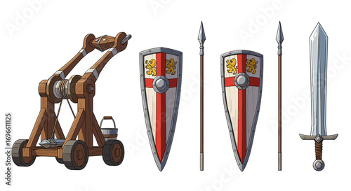 Cartoon depiction of siege weapon and medieval weaponry on white backdrop.