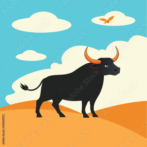 Vector art of a powerful black bull with orange horns stands on a sandy hill under a blue sky with clouds and a bird