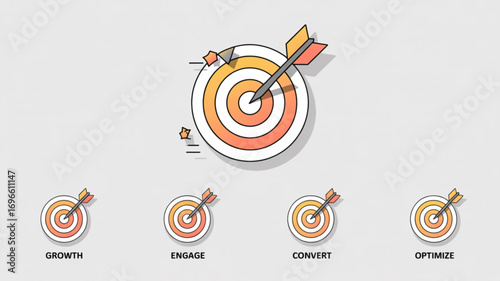 Illustration showing target with arrow and four smaller targets with growth engage convert optimize
