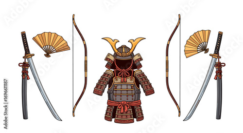 Colorful depiction of traditional Japanese samurai armor and weaponry elements