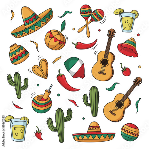 Vibrant collection of mexican fiesta elements featuring traditional symbols and festive decor for celebrations