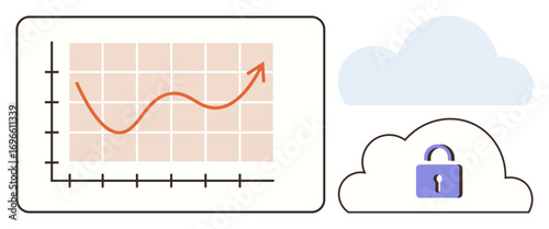 Graph showing upward trend paired with cloud and secured lock icon, emphasizing growth, data analysis, and cloud security. Ideal for technology, business analytics, cybersecurity, progress, storage