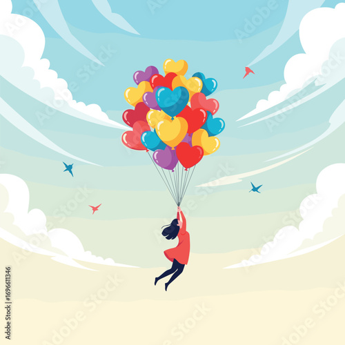 A person ascends into the sky holding a vibrant bouquet of heart shaped balloons against a backdrop of clouds and birds