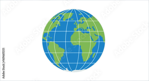 Geometric depiction of earth featuring vibrant green continents and blue oceans showcasing global geography with grid lines
