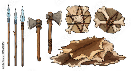 Ancient Tools and Supplies: Spears, Axes, Shields, and Animal Hide