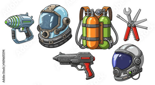 Cartoon Spaceman Equipment: Helmets, Backpack, Ray Guns, and Multi-Tool