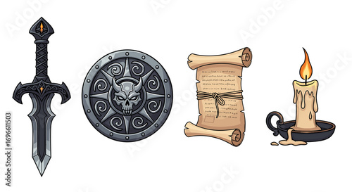 Fantasy Medieval Set: Sword, Shield, Scroll, and Candle Still Life
