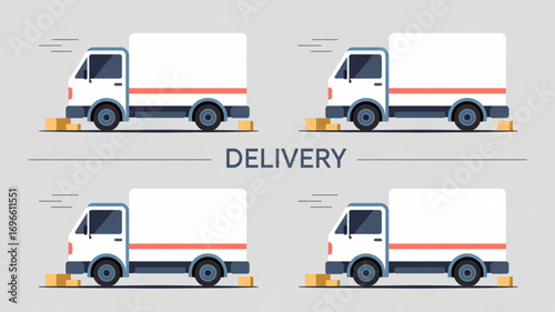 Four delivery trucks with white bodies and white cargo containers on a gray background with boxes nearby
