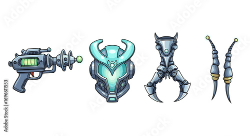 Alien Technology: Cartoon Ray Gun, Helmet, Claw, and Antenna Collection
