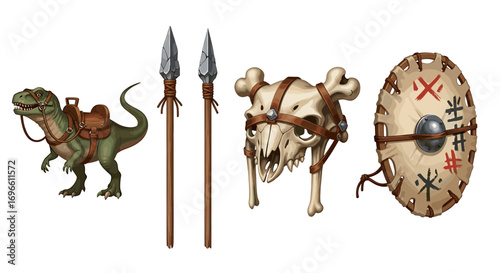 Cartoon Set of Dinosaur, Spears, Skull Helmet, and Shield on White