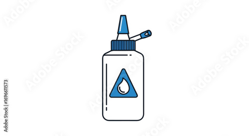 Stylized adhesive container illustration featuring a clear plastic bottle with a blue applicator nozzle and blue graphics depicting glue properties