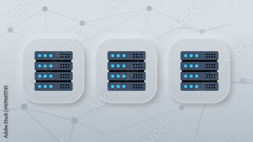 Three server racks with blue lights on a white background connected by a network of gray lines