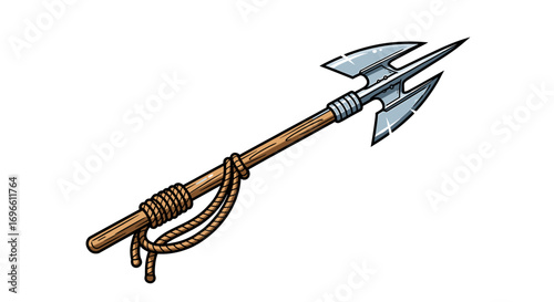 Cartoon Trident Spear Weapon with Wooden Shaft and Rope Accent