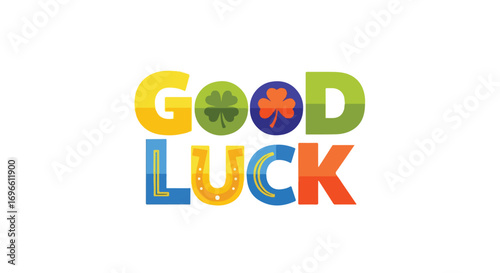 Festive good luck wishes displayed with colorful typography, shamrocks, and horseshoe icons, promoting a positive and fortunate message
