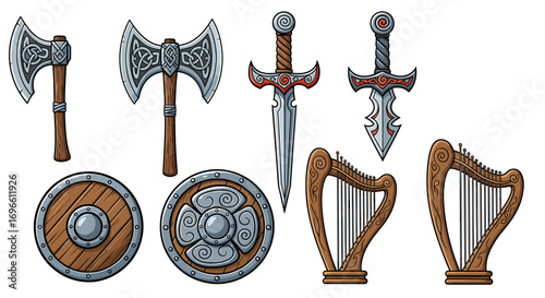 Celtic Cartoon: Collection of Medieval Weapons and a Pair of Harps