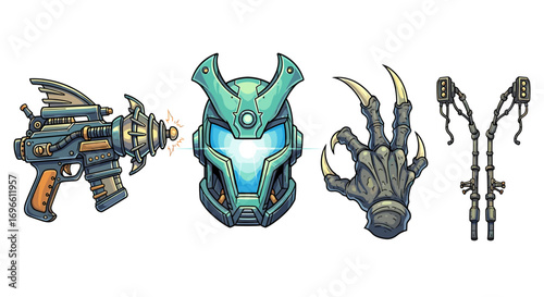 Cartoonish Illustration of Steampunk and Futuristic Alien Equipment and Accessories