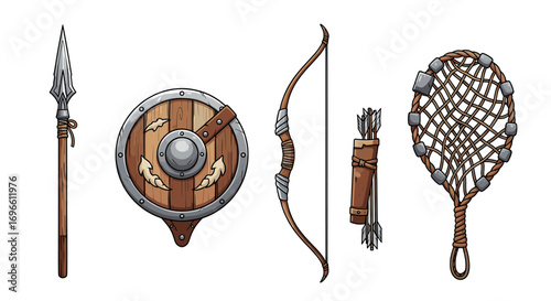 Cartoon rendering of medieval weapons: spear, shield, bow, arrows, net