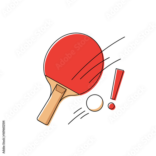 Dynamic ping pong action with red paddle ball and exclamation mark emphasizing the playful sports recreation