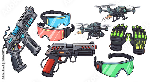 Cyberpunk Futuristic Gear Set: Guns, Drones, Glasses, and Gloves Cartoon