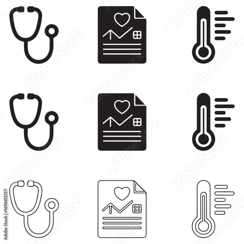 Medical and Healthcare Icons Including Stethoscope Medical Chart and Thermometer Keywords: medical, healthcare, health, doctor, nurse, stethoscope, cardiology, listen, heartbeat, medical chart