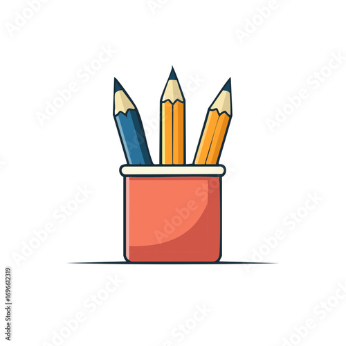 Colorful illustration of a pencil holder with three sharp pencils in different colors.