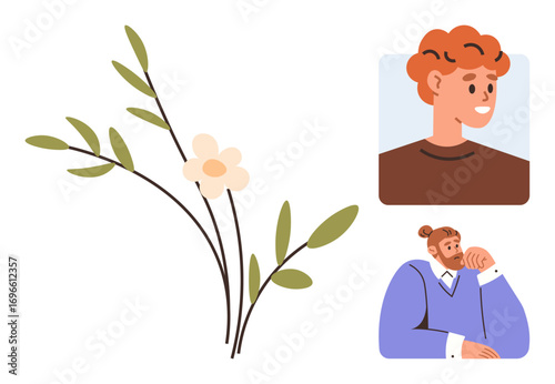 Delicate branch with olive-green leaves and simple white flowers, paired with two diverse cartoon-style characters. Ideal for nature, personality, individuality, creativity, simplicity, social