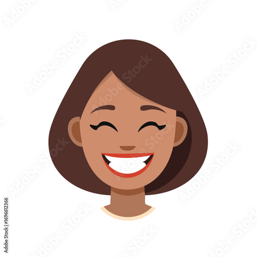 Joyful Woman With Dark Hair Laughing Hysterically With Wide Open Mouth and Closed Eyes