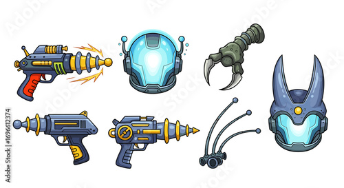 Futuristic Cartoon Weaponry and Headgear for Space Adventures