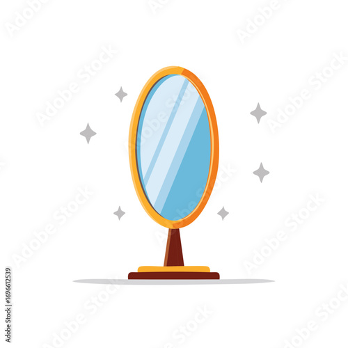 Oval tabletop mirror with golden frame reflecting blue sky and sparkling stars