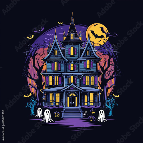 Spooky Haunted House Illustration with Bats and a Full Moon Generative ai.