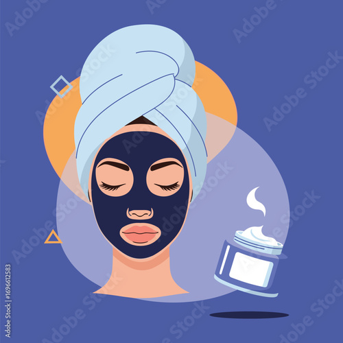 Woman applying a black face mask for skincare and self care routine while relaxing