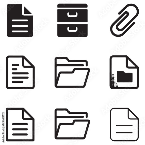Nine black and white icons representing documents and office supplies on a white background paper file