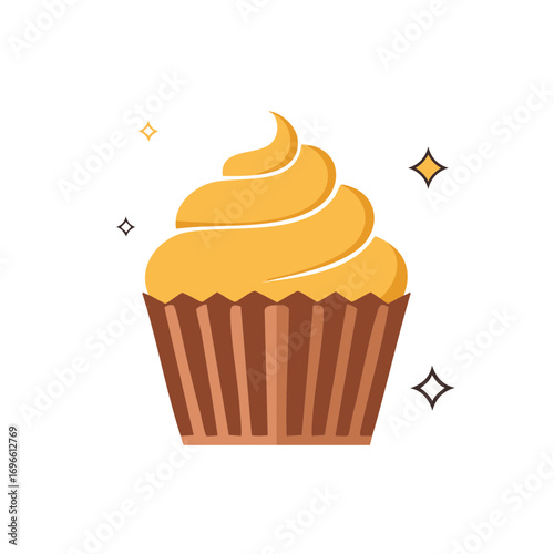 Sweet dessert cupcake with yellow frosting and whimsical sparkles illustration