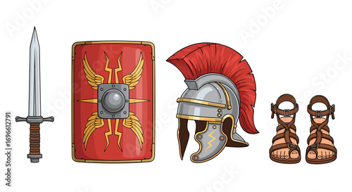 Roman Soldier's Gear: Sword, Shield, Helmet, and Sandals on White