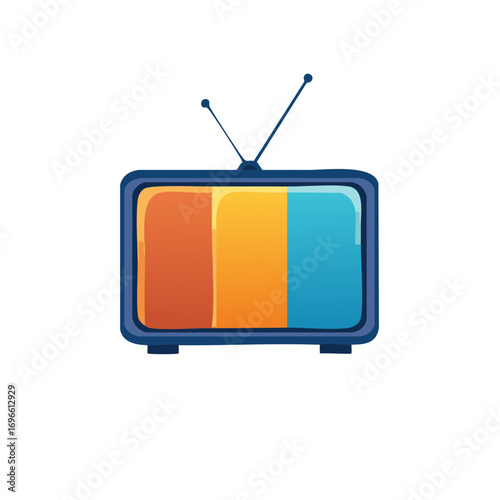Cartoon retro television with an antenna, colorful screen, and a modern design.