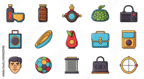 Varied collection of cartoon illustrations against white backdrop, offering diverse icons.