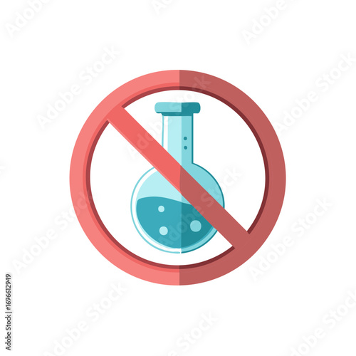 No chemicals icon, laboratory flask with forbidden sign, dangerous substances prohibited concept