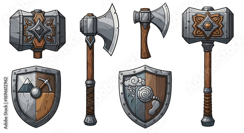 Collection of fantasy game asset weapon illustrations on a white background
