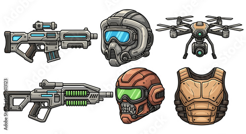 Futuristic Soldier Equipment: Arsenal of Weapons and Protective Gear Illustration