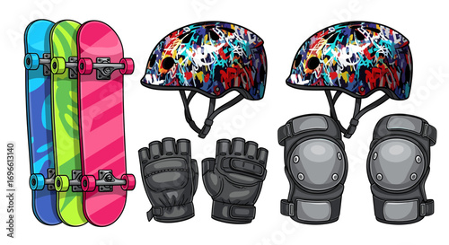 Skateboarding Equipment: Colorful Skateboards and Safety Gear for a Fun Ride
