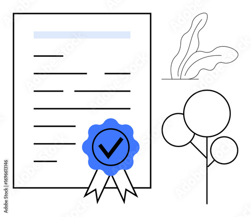 Formal certificate featuring blue badge with checkmark, abstract nature shapes, and tree illustration. Ideal for certification, approval, achievement, eco-consciousness, validation, recognition