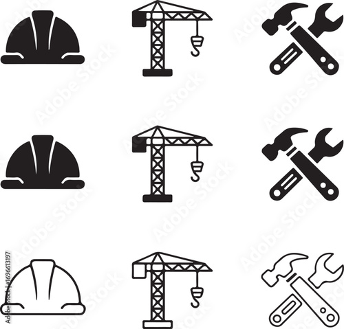 Nine icons related to construction and industry featuring hard hats cranes and tools Keywords: construction, industry, hard hat, helmet, safety, crane, tower crane, building, construction