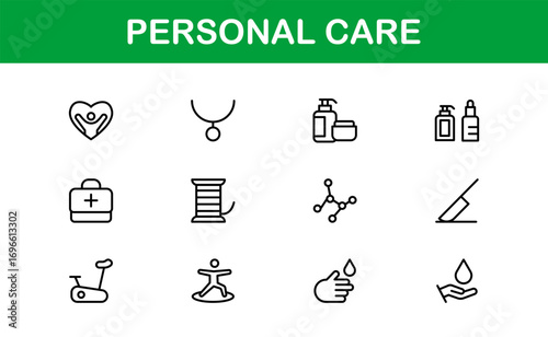 Outline icons for personal care and beauty essentials. Enhance health, spa, and wellness projects with professional, premium, and versatile hygiene visuals.