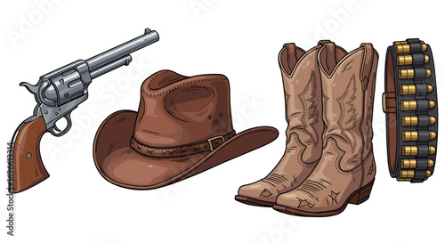 Western Gear Illustration: Cowboy Hat, Boots, Revolver and Bullet Belt