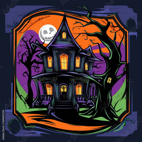 Spooky Haunted House Illustration with Bats and a Full Moon Generative ai.
