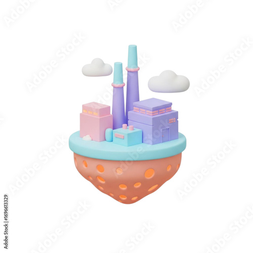 Cartoon factory on a floating island with clouds isolated on transparent background